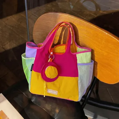 Women Fashion Casual Multicolor Stitching Dopamine Folding Portable Hangbag