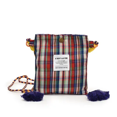 Women Fashion Casual Ethnic Style Plaid Children's Cartoon Phone Shoulder Bag Nylon Magnetic Button