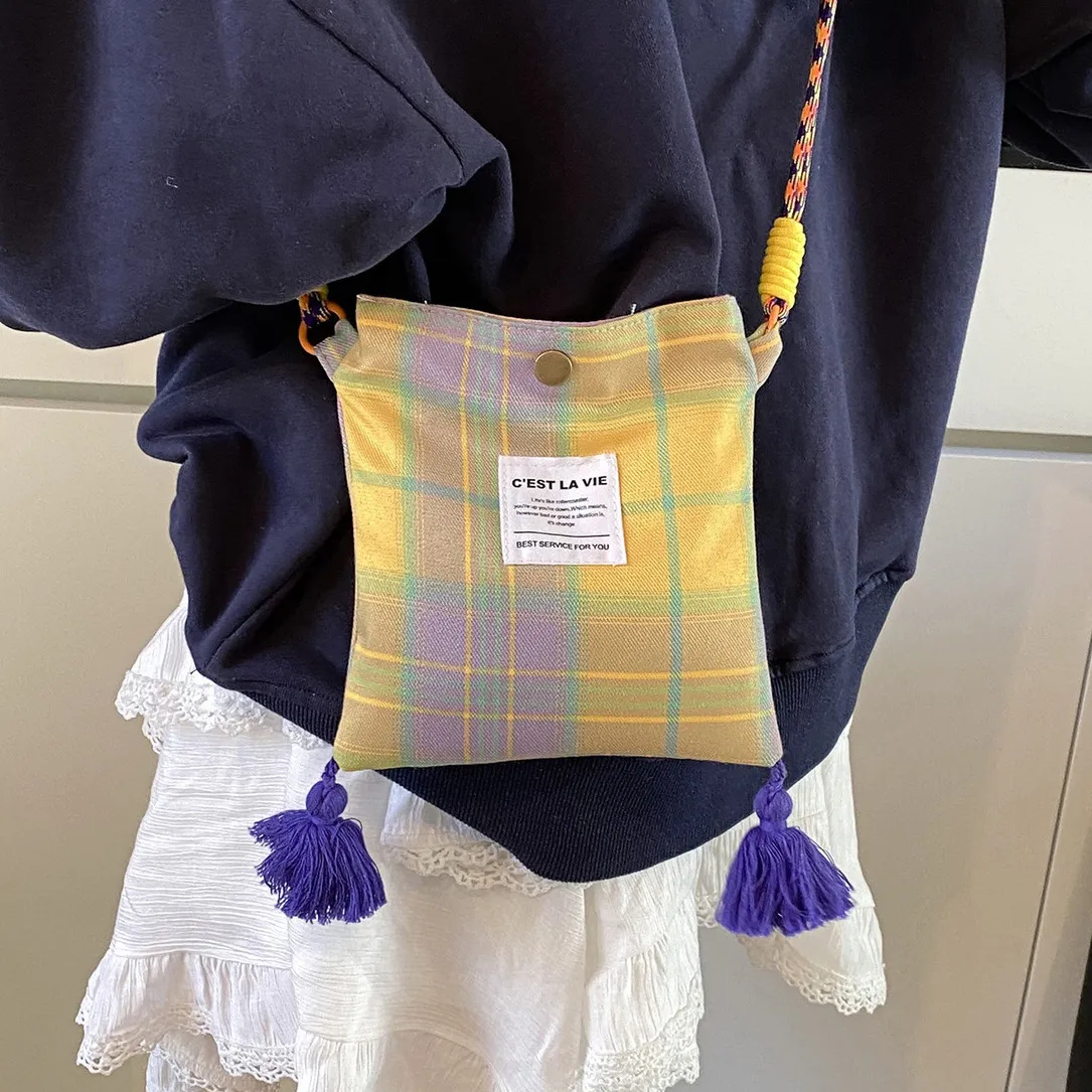 Women Fashion Casual Ethnic Style Plaid Children's Cartoon Phone Shoulder Bag Nylon Magnetic Button