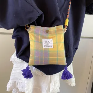 Women Fashion Casual Ethnic Style Plaid Children's Cartoon Phone Shoulder Bag Nylon Magnetic Button