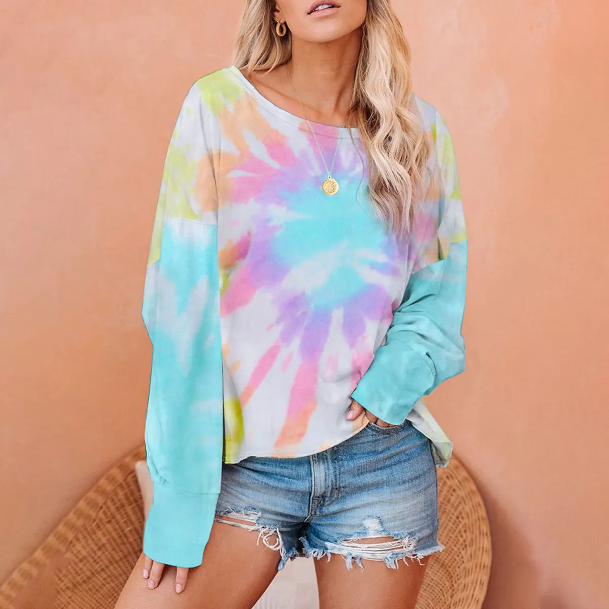 Women Fashion Casual Spring Tie-Dye Long-Sleeve Loose Sweatshirt