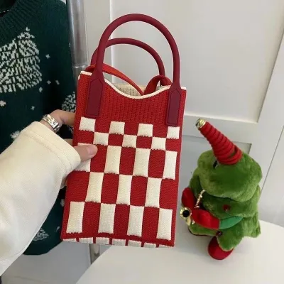 Women Knitted Dopamine Color-Block Casual Crossbody Phone Bag