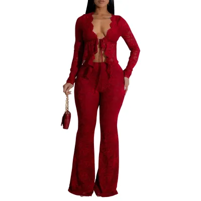 Women Fashion Sexy Solid Color Lace Long-Sleeve Cardigan Slim Fit Pants Two-Piece Set