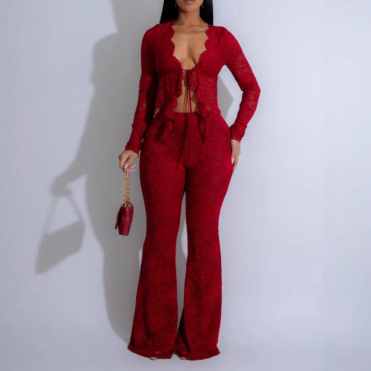 Women Fashion Sexy Solid Color Lace Long-Sleeve Cardigan Slim Fit Pants Two-Piece Set