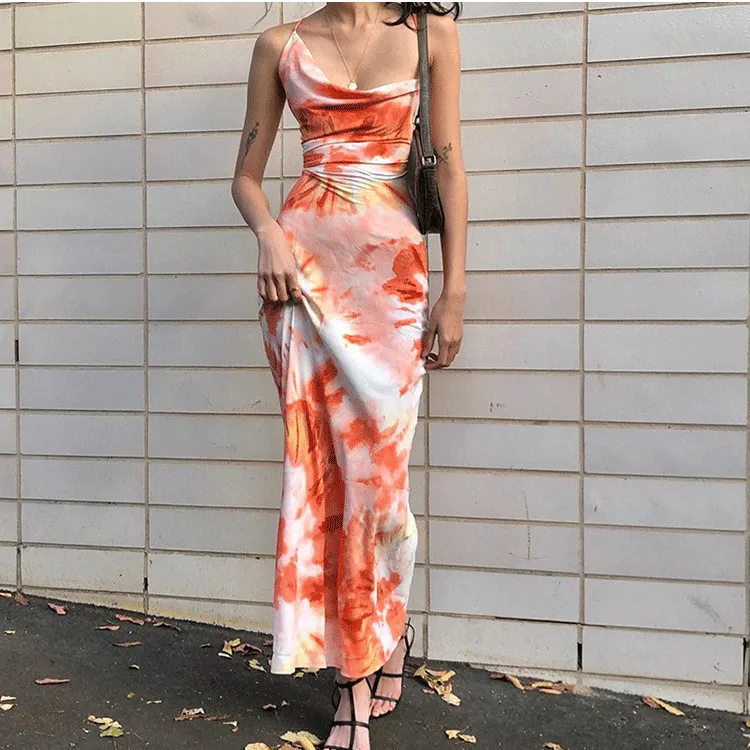 Women Fashion Sexy Summer Tie-Dye Printed Spaghetti Strap Cross Strap Dress