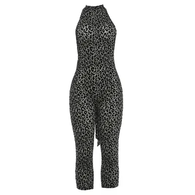 Women Fashion Sexy Leopard Printed Sleeveless Tight Backless Jumpsuits