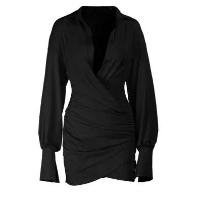 Women Fashion Sexy Solid Color Deep Lapel V-Neck Long-Sleeve Pleated Dress