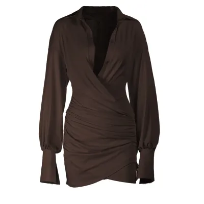 Women Fashion Sexy Solid Color Deep Lapel V-Neck Long-Sleeve Pleated Dress