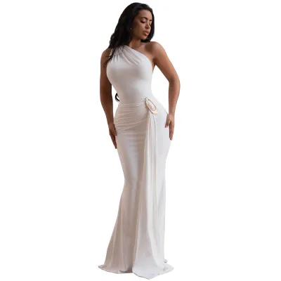 Women Fashion Sexy Elegant Solid Color Metallic One Shoulder Backless Slim Fit Dress