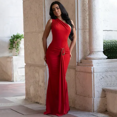 Women Fashion Sexy Elegant Solid Color Metallic One Shoulder Backless Slim Fit Dress