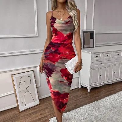 Women Fashion Sexy Summer Tie-Dye Spaghetti Strap Drawstring Slim-Fit Dress