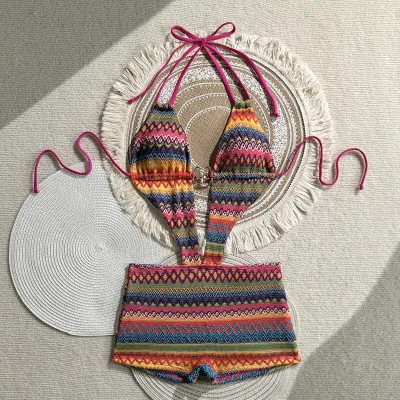 Women Fashion Sexy Boho Printed Halter-Neck Lace-Up One-Piece Swimsuit