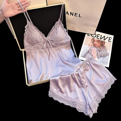 Women Fashion Sexy Summer Solid Color Lace Sleeveless Camisole Loose Shorts Pajamas Two-Piece Set