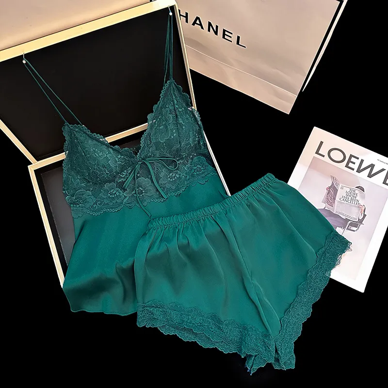 Women Fashion Sexy Summer Solid Color Lace Sleeveless Camisole Loose Shorts Pajamas Two-Piece Set