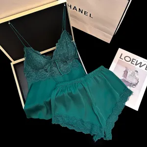 Women Fashion Sexy Summer Solid Color Lace Sleeveless Camisole Loose Shorts Pajamas Two-Piece Set