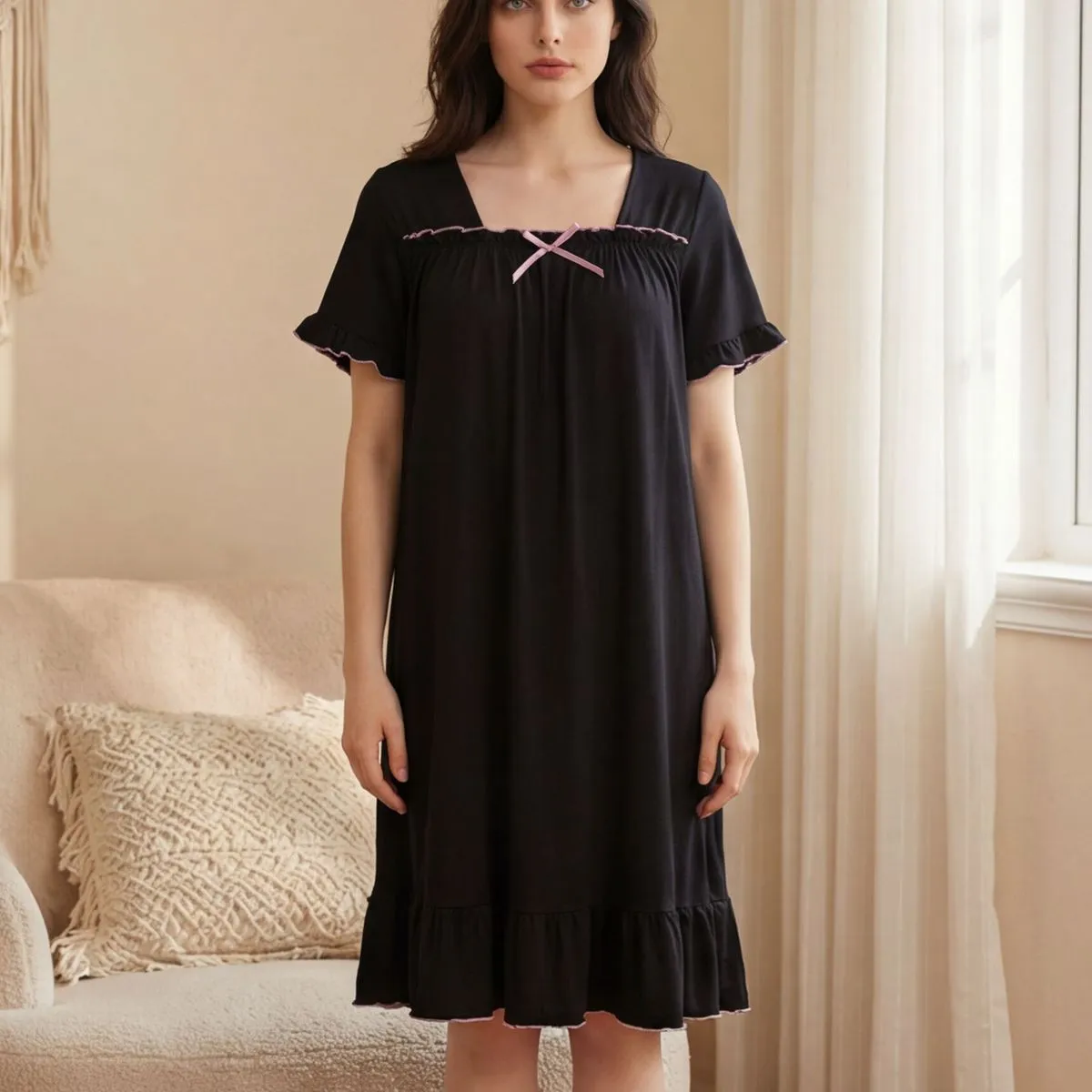 Women Fashion Casual Solid Color Short-Sleeve Breathable Pajamas Dress
