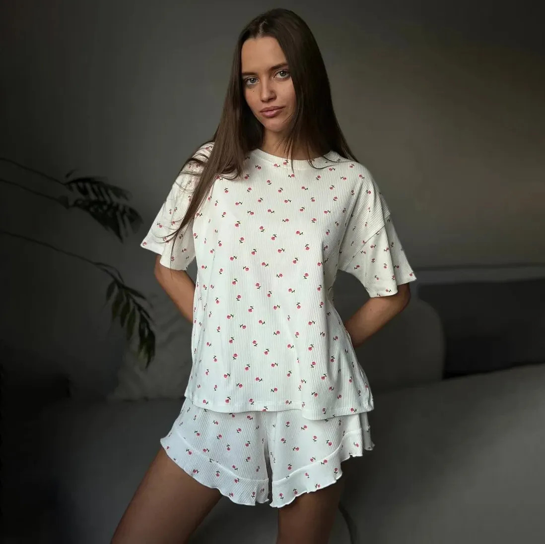 Women Fashion Casual Printed Short-Sleeve T-Shirt Lotus Leaf Shorts Pajamas Two-Piece Set
