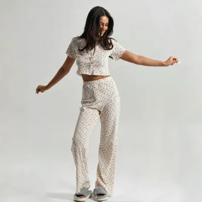 Women Fashion Casual Flower Printed Curled Short-Sleeve T-Shirt Loose Pants Pajamas Two-Piece Set