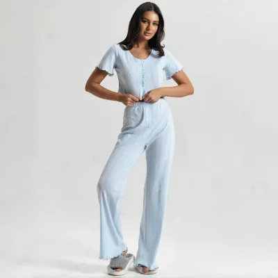 Women Fashion Casual Flower Printed Curled Short-Sleeve T-Shirt Loose Pants Pajamas Two-Piece Set