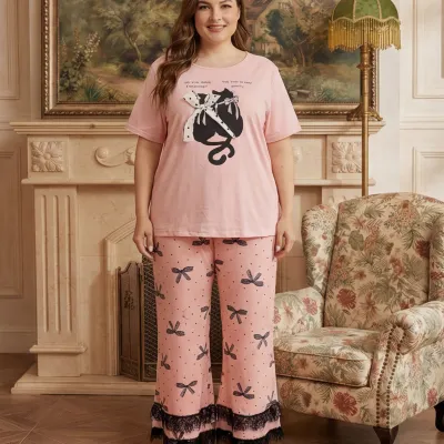 Women Fashion Casual Plus Size Cat Print Set Short Sleeve T-Shirt Lace Wide Leg Pants Pajamas Two Piece Set
