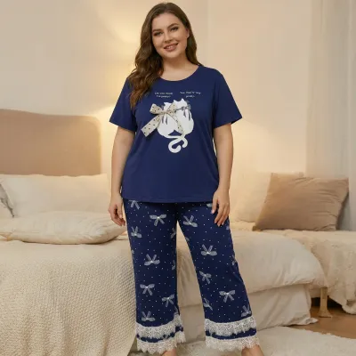Women Fashion Casual Plus Size Cat Print Set Short Sleeve T-Shirt Lace Wide Leg Pants Pajamas Two Piece Set