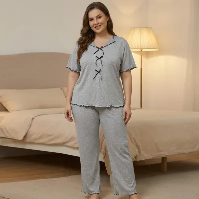 Women Fashion Casual Plus Size Bowknot Short-Sleeve T-Shirt Loose Pants Pajamas Two-Piece Set