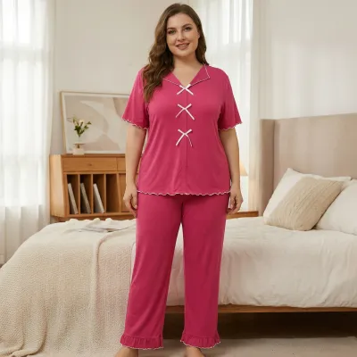 Women Fashion Casual Plus Size Bowknot Short-Sleeve T-Shirt Loose Pants Pajamas Two-Piece Set