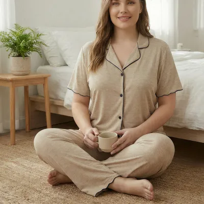 Women Fashion Casual Plus Size Solid Color Short-Sleeve Cardigan Loose Pants Pajamas Two-Piece Set