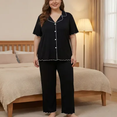 Women Fashion Casual Plus Size Solid Color Short-Sleeve Cardigan Loose Pants Pajamas Two-Piece Set