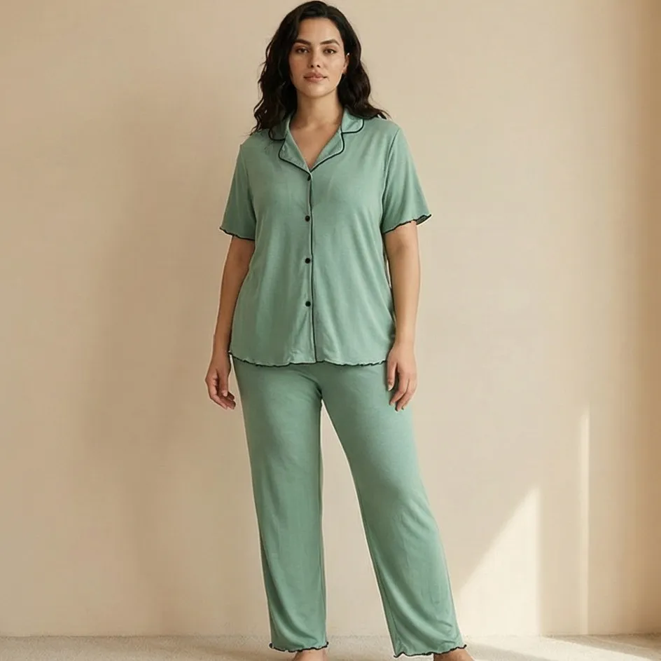 Women Fashion Casual Plus Size Solid Color Short-Sleeve Cardigan Loose Pants Pajamas Two-Piece Set