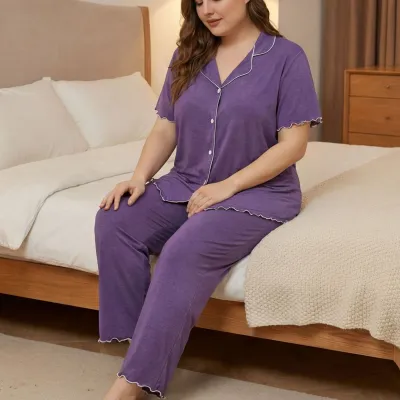 Women Fashion Casual Plus Size Solid Color Short-Sleeve Cardigan Loose Pants Pajamas Two-Piece Set