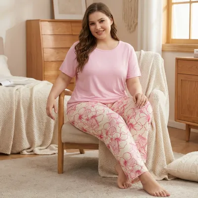 Women Fashion Casual Printed Breathable Short-Sleeve T-Shirt Loose Pants Pajamas Two-Piece Set