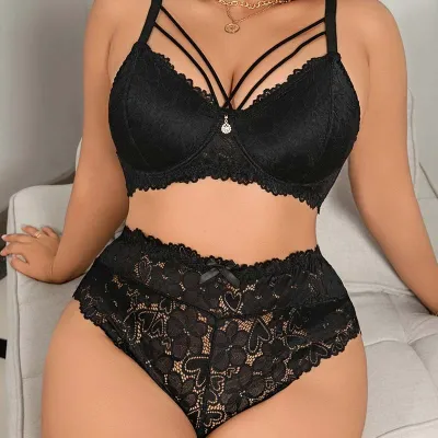 Women Fashion Sexy Plus Size Solid Color Lace Adjustable Bra Underwear Set