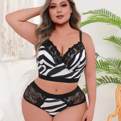 Women Fashion Sexy Plus Size Lace Zebra Bra Underwear Set