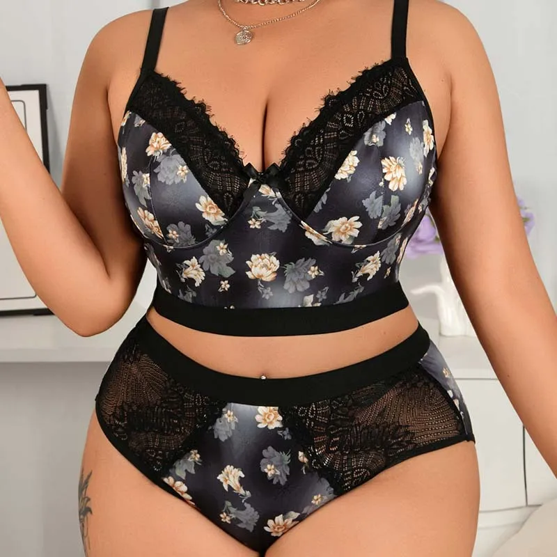 Women Fashion Sexy Plus Size Lace Flower Printed Bra Underwear Set