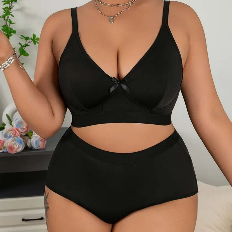 Women Fashion Sexy Simple Plus Size Solid Color Breathable Thin Bra Underwear Set