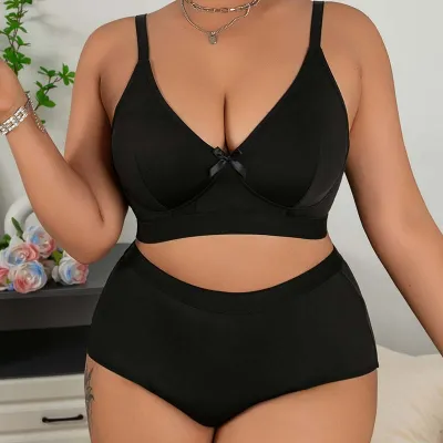 Women Fashion Sexy Simple Plus Size Solid Color Breathable Thin Bra Underwear Set