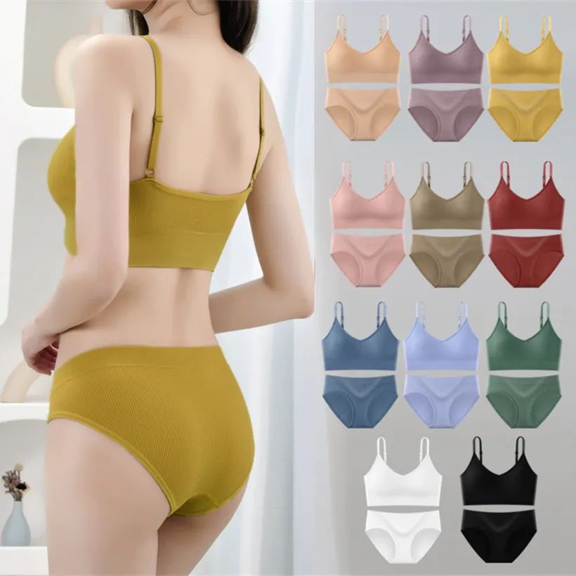 Women Fashion Casual Solid Color Thread Adjustable Bra Underwear Set
