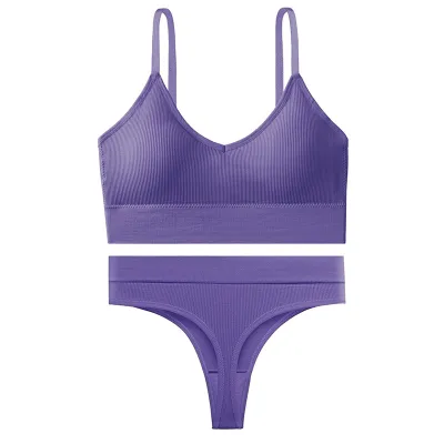 Women Fashion Simple Solid Color Threaded Bra Underwear Set