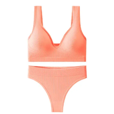 Women Fashion Casual Solid Color Threaded Push-Up Bra Underwear Set
