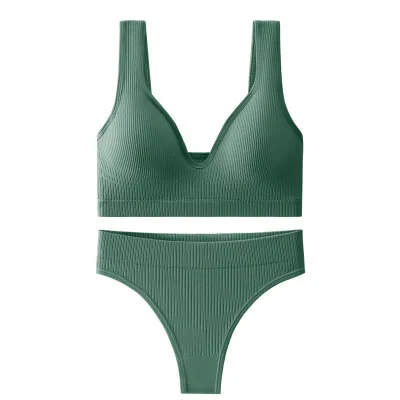 Women Fashion Casual Solid Color Threaded Push-Up Bra Underwear Set