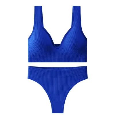 Women Fashion Casual Solid Color Threaded Push-Up Bra Underwear Set