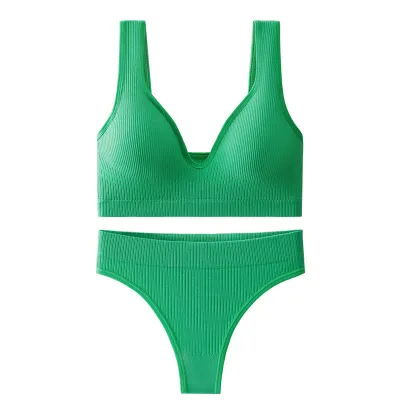 Women Fashion Casual Solid Color Threaded Push-Up Bra Underwear Set