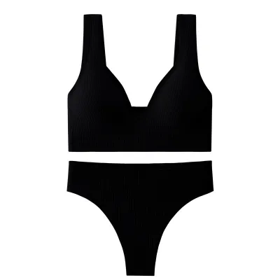 Women Fashion Casual Solid Color Threaded Push-Up Bra Underwear Set