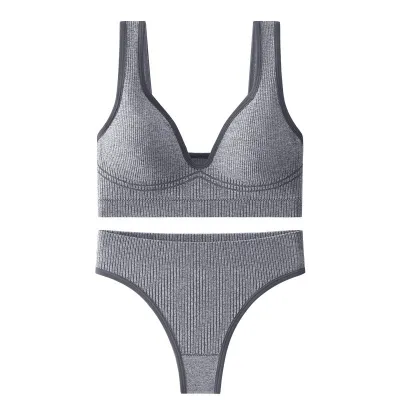Women Fashion Casual Solid Color Threaded Push-Up Bra Underwear Set