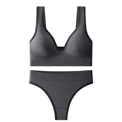 Women Fashion Casual Solid Color Threaded Push-Up Bra Underwear Set