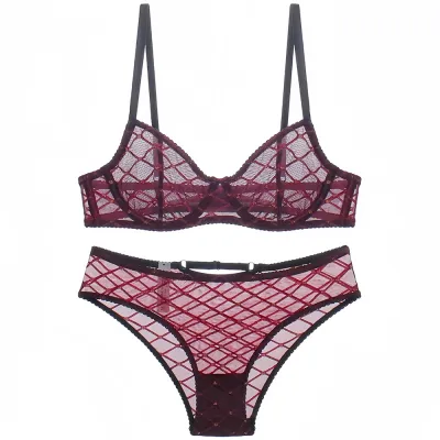 Women Fashion Sexy Basic Rhombus Ultra-Thin Gold Line Bra Underwear Set