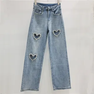 Women Fashion Casual Hollow Love Rhinestone Straight Jeans