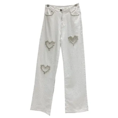 Women Fashion Casual Hollow Love Rhinestone Straight Jeans