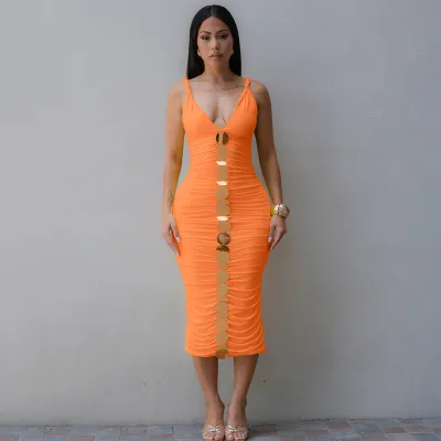 Women Fashion Sexy Summer Solid Color Metal Decoration Sleeveless Slim Fit Dress